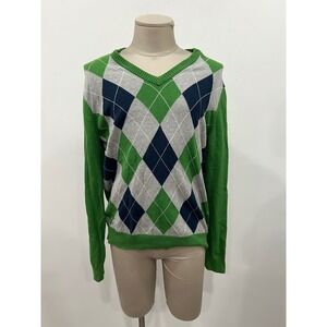 Express Design Studio Sweater Mens Large Green Argyle V-Neck Wool Blend 2009